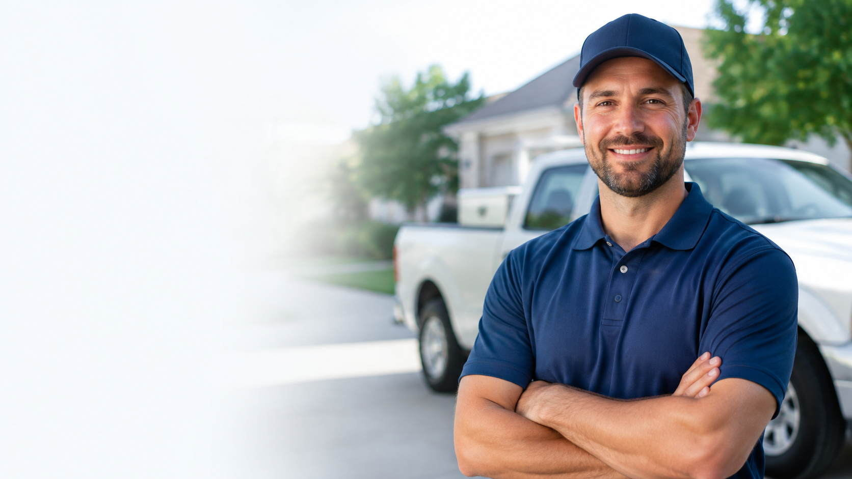 Illustrative contractor standing beside a service truck